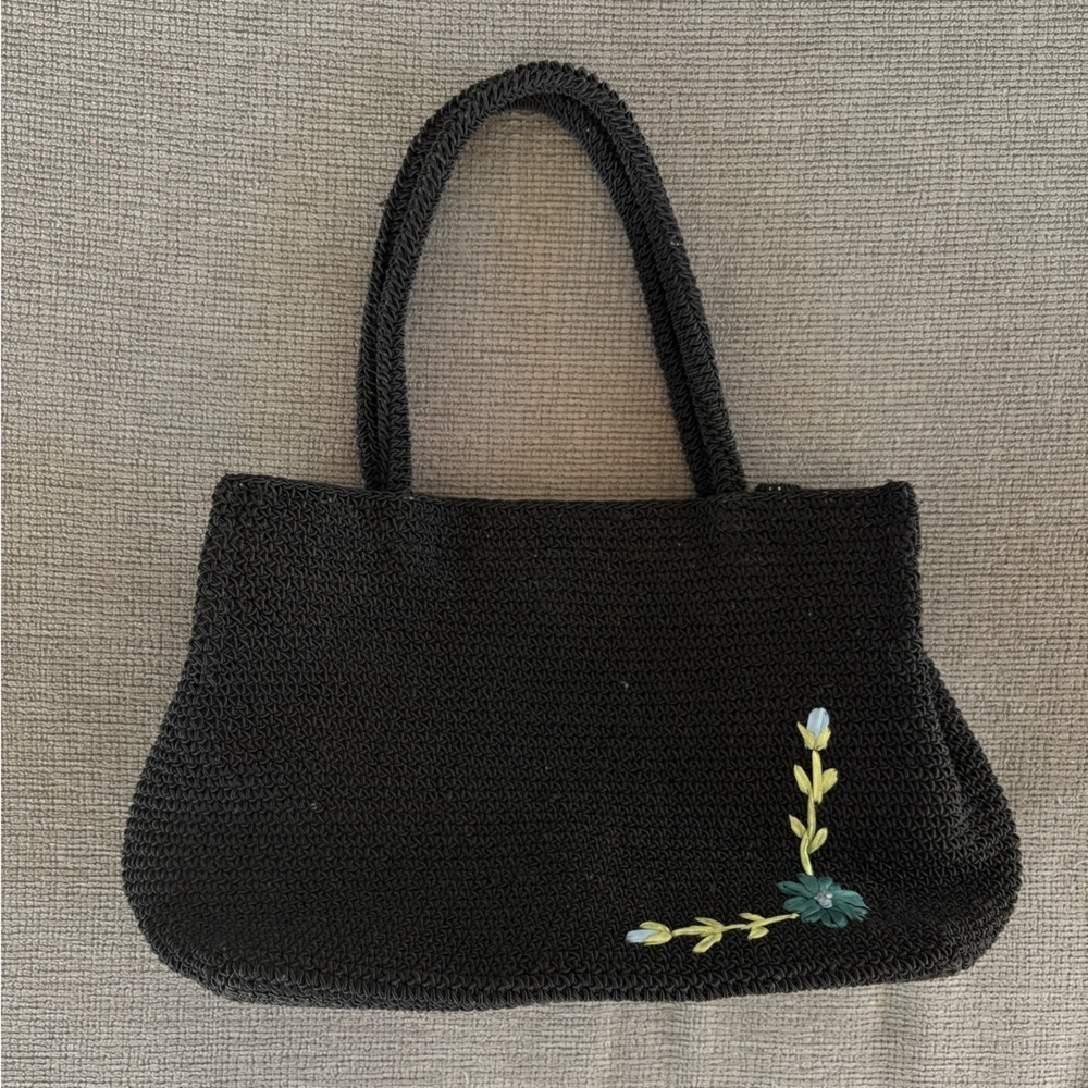 Black Crochet Embroidered Flower Handbag